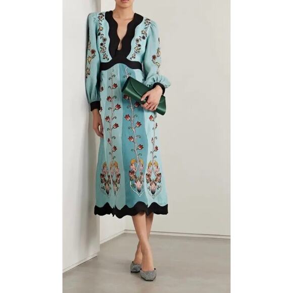 FARM Rio Dresses & Skirts - New! Farm Rio Flowing Beauty Blue Embroidered Long Sleeve  A-Linen Dress SzS
